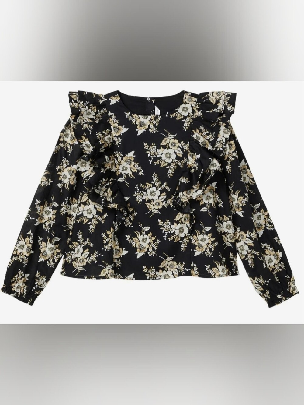 Janie and Jack Girls' Black Floral Ruffle Long-Sleeve Top - Size 8